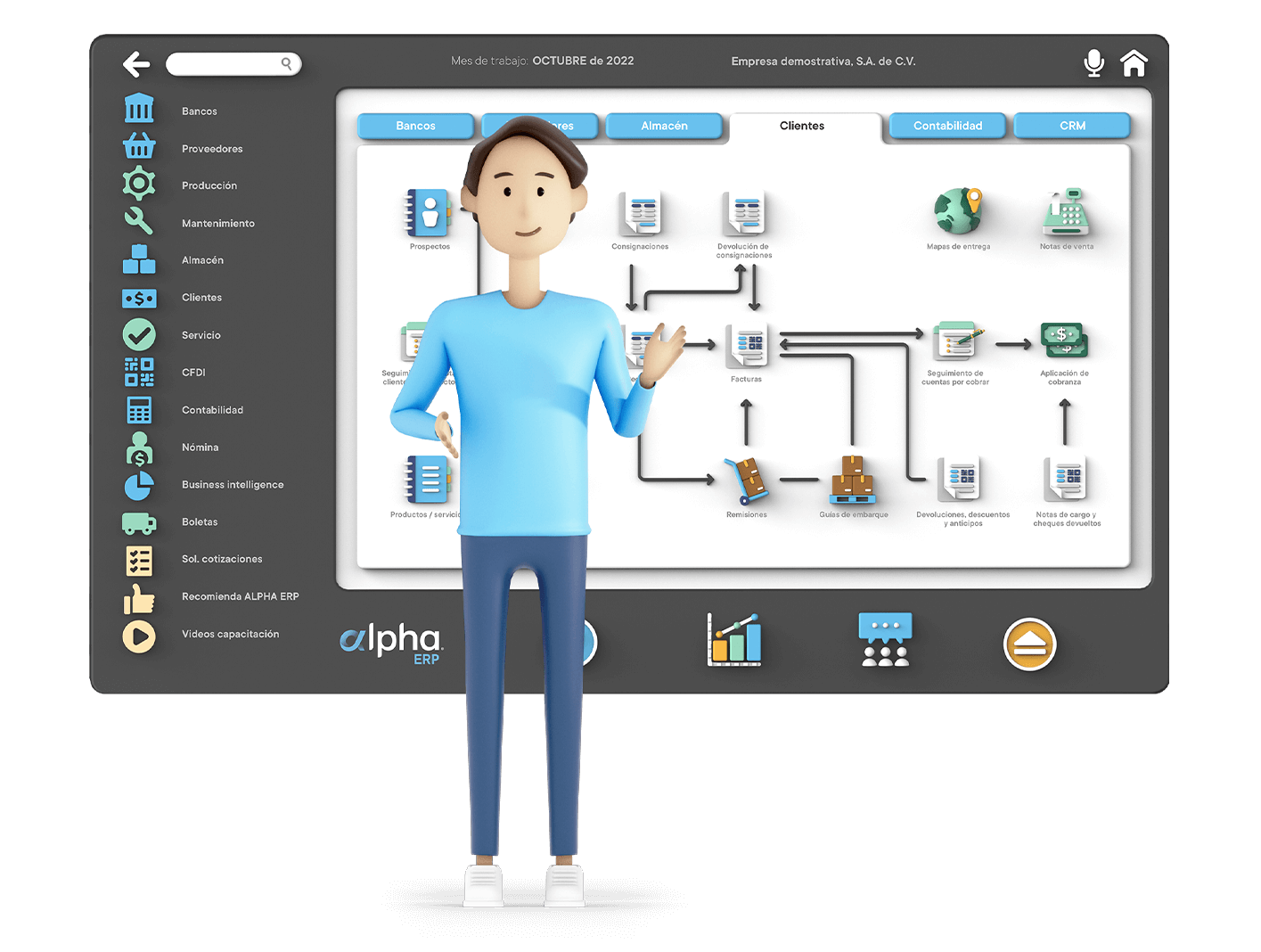 Persona brindando una demostración, con alpha erp de fondo.